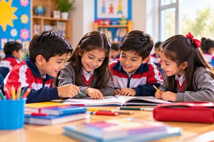 Estudiantes trabajando juntos con sus libros en el aula