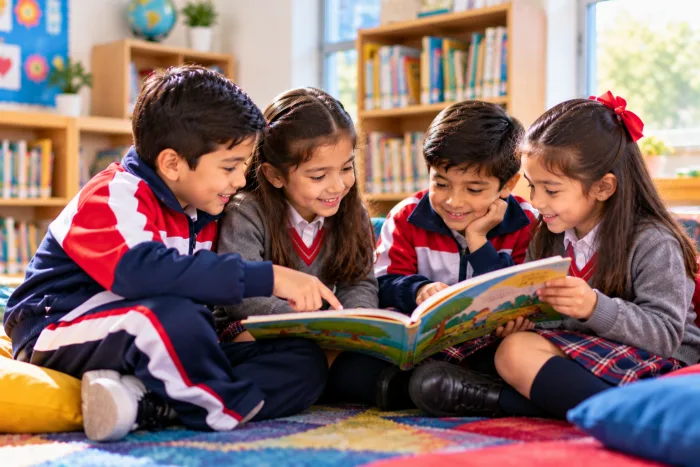 Estudiantes leyendo un cuento en la biblioteca